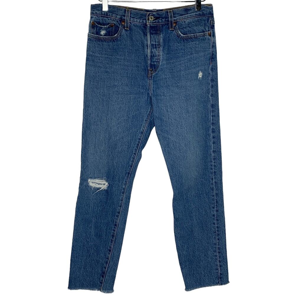 Levis 29 Premium Womens Straight Fit Jeans Raw Hem Medium Blue Distressed